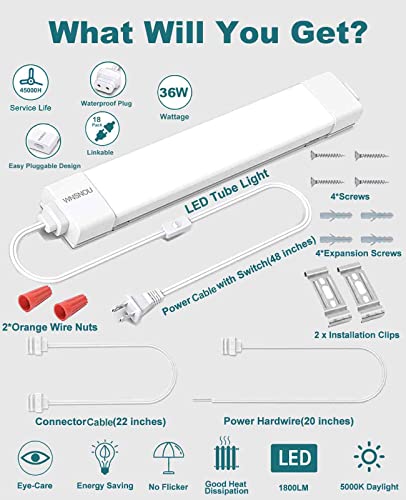 WNSNOU LED Tube Light Fixture with Plug, 1.4FT-2pcs 1800LM 5000K Utility Shop Light, Linkable Cabinet Light for Garage, Kitchen, Bathroom, Closet, Office - 1.4Ft, Triproof, White - size: 1.4FT-2PCS