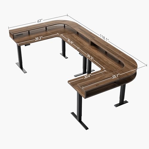 HUANUO U-Shape Standing Desk with LED Strip & Power Outrlets, 2-Tier Height Adjustable Sit Stand up Gaming Desk with Power Strip Holder, Large Computer Table for Home Office, Walnut