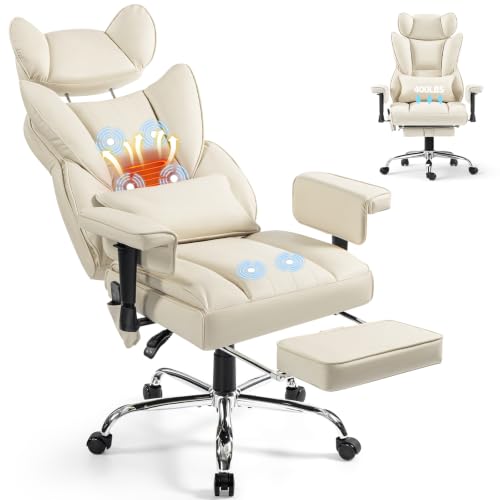 6 Points Massage Heated Home Office Chair with Foot Rest, Beige - color: Beige