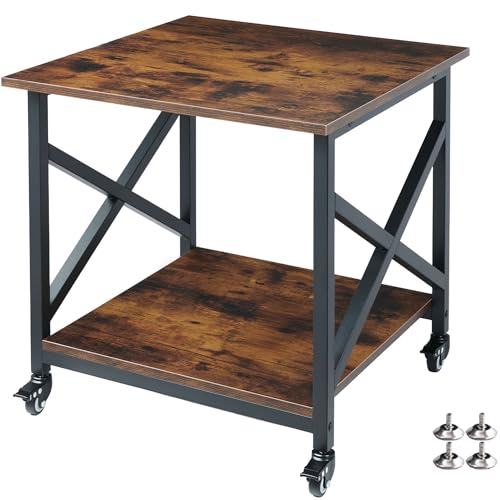 Fannova 23.6"x23.6" Large Printer Stand, 2 Tier Square Table for 3D Printer | Heavy Duty Industrial Wheels - All 4 Lock, Printer Cart with Storage Shelf for Home Office, Mini Fridge Stand, Rustic Brown - color: Rustic Brown