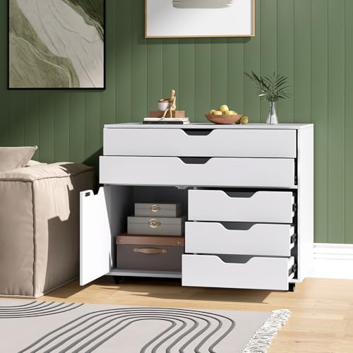 Rolling 5-Drawer File Cabinet, Mobile Printer Stand (White) | Modern Lateral Filing Cabinet | 5 Universal Wheels | For Living Room, Study, Home Office - color: White