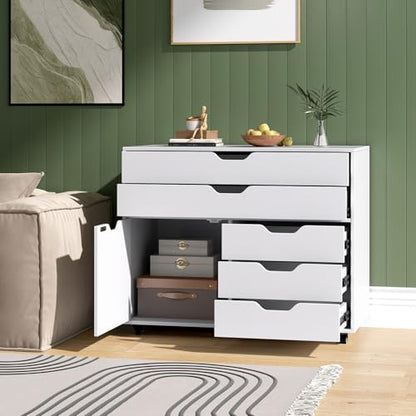 Rolling 5-Drawer File Cabinet, Mobile Printer Stand (White) | Modern Lateral Filing Cabinet | 5 Universal Wheels | For Living Room, Study, Home Office - color: White