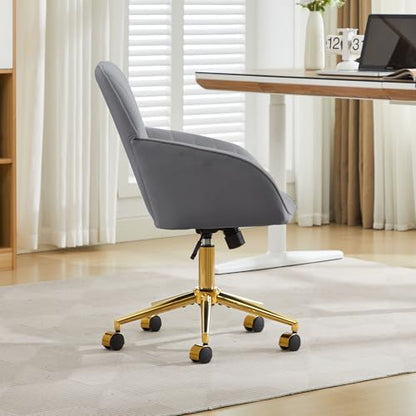 YITAI Velvet Office Desk Chair with Wheels and Gold Base,Modern Height Adjustable 360 Degree Swivel Upholstered Vanity Chairs with Arms for Living Room Bedroom, Study,Gray - color: Gold Gray