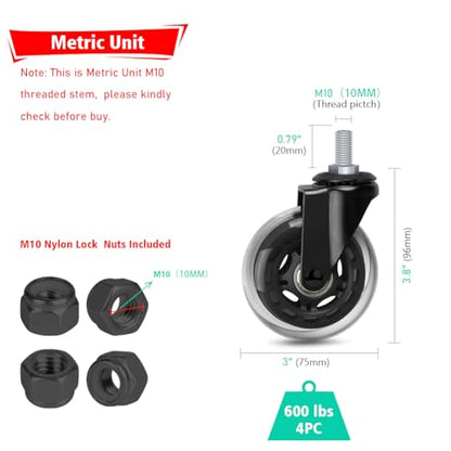Hirate 3 inch M10 x 20mm Threaded Stem Swivel Caster Wheels with Nylon Nuts | Set of 4 Rubber Caster Replacement , Heavy Duty PU Durable Swivel Wheels, Metric Stem No Brake for Home Furniture Carts