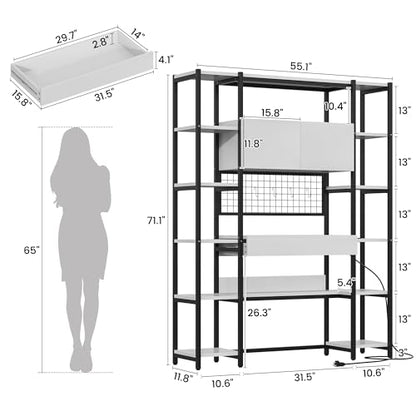 Triple Width 5 Tier Bookshelf with Sorage Cabinet,70.87"large Bookshelf with 12 Open Display Shelves,Industrial Bookshelf LED Lighting and Power Outlet.Suitable for Office Bedroom, Black+White - color: Black+white