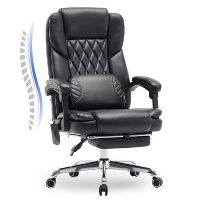 Massage Office Chair with Footrest, High Back Executive Chair, Ergonomic Desk Chair with Removable Pillow, 2 Lumbar Massage Points, Reclining, Leather Computer Chair, Black - color: Ocs10-black