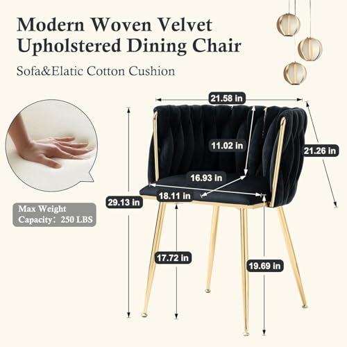 NIOIIKIT Modern Velvet Dining Chairs Hand Weaving Accent Chairs Living Room Chairs Upholstered Side Chair with Golden Metal Legs for Dining Room Kitchen Vanity Living Room (Black) - color: Black