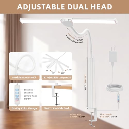 Voncerus LED Desk Lamp for Home Office, Double Head Desk Light with Clamp - color: White Pro