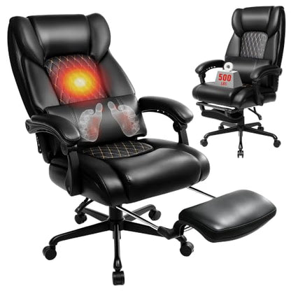 3D Kneading Massage Office Chair with Heat, 500 lbs Big and Tall Executive Computer Desk Recliner, Leather Electric Heated Chair with Footrest, Black - color: Black