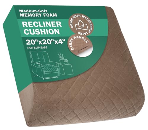 Medium-Soft 20x20x4 Memory Foam Recliner Chair Seat Cushion for Long Sitting - Armchair Pad with Washable Velvety Cover with Waterproof Layer & Non-Slip Base for Seniors & Elderly - Brown - color: Brown, size: 20x20x4"