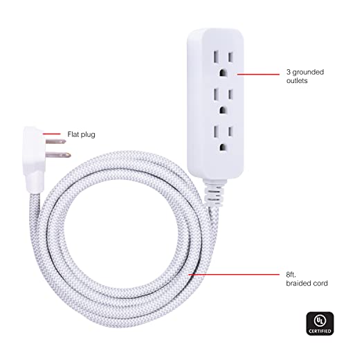 GE 3-Outlet Power Strip Surge Protector 8 Ft Braided Extension Cord with Multiple Outlets Grounded Flat Plug ETL Listed White 38433,(Pack of 12) - size: 8 Ft (Pack of 12)