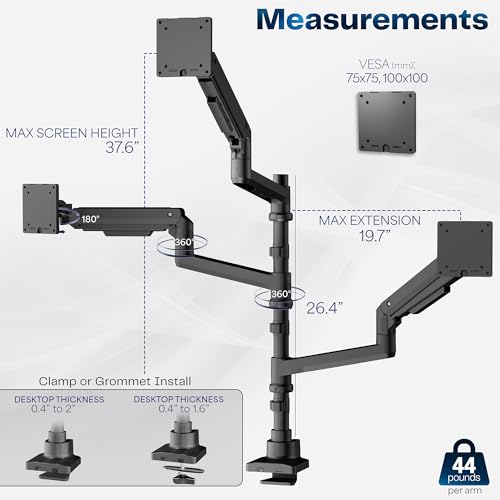 VIVO Pneumatic Arm Triple Ultrawide Monitor Extra Tall Desk Mount for Up to 49 inch Screens, Heavy Duty Clamp, Holds 3 Ultra Wides Up to 44 lbs, Black, STAND-V300D - size: Triple Mount, style: Desk Mount
