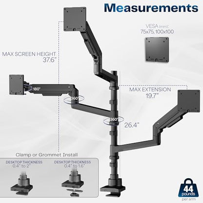 VIVO Pneumatic Arm Triple Ultrawide Monitor Extra Tall Desk Mount for Up to 49 inch Screens, Heavy Duty Clamp, Holds 3 Ultra Wides Up to 44 lbs, Black, STAND-V300D - size: Triple Mount, style: Desk Mount