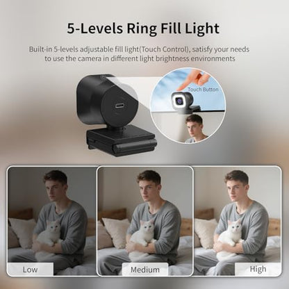 TOALLIN 4K Webcam with Ring Light, Remote Control, PDAF Autofocus | Built-in Dual Mic, 5X Zoom, USB Computer Camera for Live-Streaming/Meetings/Video Calls - style: 4K Webcam with Ring Light