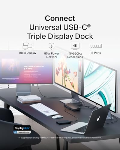 Belkin Docking Station 15 in 1 Triple DisplayLink 85W PD 4K HDMI USB-C Dock | DisplayLink triple 4K display, 3 HDMI, 2 DisplayPort, 5 USB-A ports, 3.5mm mic/speaker, Windows, laptop expansion hub - style: 15-in-1, Triple Display, 85W