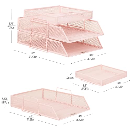 Mind Reader 2 Tier Paper Tray with Top Supply Compartment, Desktop File Organizer, Metal Mesh, Pink - color: Pink