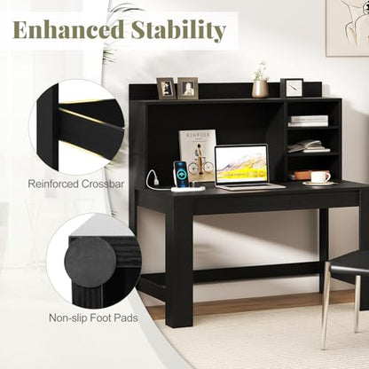 GIANTEX Computer Desk with Hutch, Modern Home Office Desk with Power Outlets, Storage Shelves & Cable Hole, Makeup Vanity Table, Study Writing Desk for Bedroom Office Small Space (Black) - color: Black