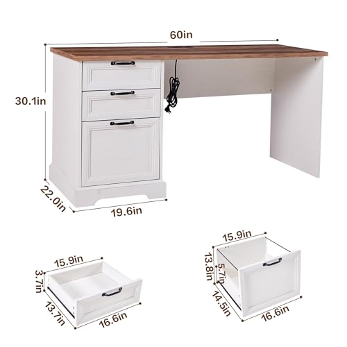 60" Professional Office Desk with Charging Station,Business Desk with 2 Drawers &1 File Cabinet,Farmhouse Executive Desk for Office and Home (Off-White) - color: Off-white
