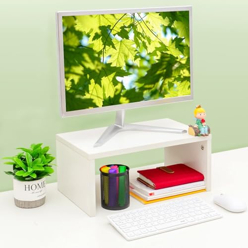 TEAMIX White Monitor Stand - 6.7 inch Tall, Wood Riser, Desk Organization | Laptop/Printer/Computer Stand, Extra Storage Underneath, Minimalist, Modern Design, Smooth White Finish, for Home Office