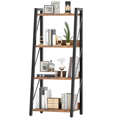 HOOBRO Ladder Shelf, 4-Tier Bookshelf, Corner Bookcase, Freestanding Storage Shelf Display Organizer, for Living Room, Bedroom, Home Office, Kitchen, Rustic Brown and Black BF304CJ01 - size: 16.4"L x 11.8"W x 39.4"H