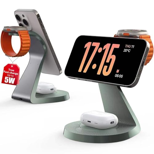3 in 1 Charging Station for Apple Devices, Mag-Safe Charger Stand Fast Charging, Wireless Charger for iPhone 16/15/14/13/12 Series, & AirPods, & iWatch (USB-C Charger Included) - color: Green
