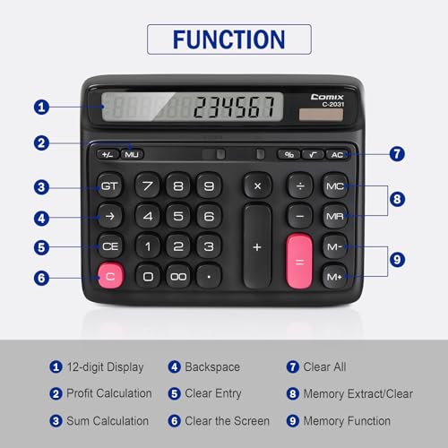 Comix Desktop Calculator, 12 Digits Large Button Desk Calculator, Black - color: Black