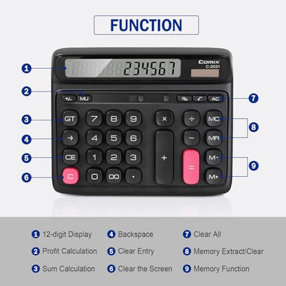 Comix Desktop Calculator, 12 Digits Large Button Desk Calculator, Black - color: Black