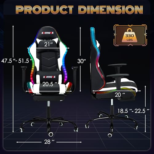 ECOTOUGE Racing Style RGB LED Lights Gaming Chair with Footrest - color: Rgb White, size: with footrest
