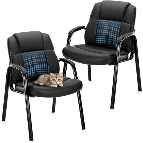 Office Guest Chair, PU Leather Padded Arms, Set of 2 | Waiting rooms, reception areas, conference rooms, clinics, metal frame, no wheels, high-density cushion, ergonomic backrest - color: Black, size: set of 2