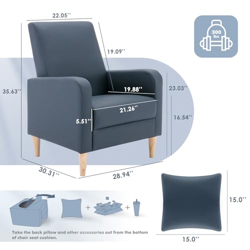 COLAMY Mid-Century Modern Accent Chairs Set of 2, Faux Leather Upholstered Living Room Chairs with Back Pillow & Solid Wood Legs, Comfy Armchair for Living Room, Bedroom, Single Sofa, Dark Blue - color: Dark Blue, size: Set of 2