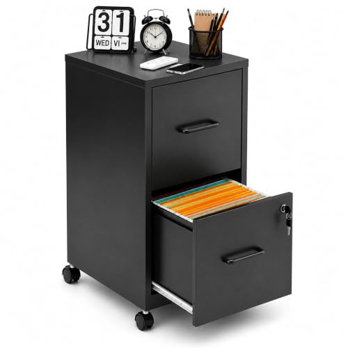 SAWJEC 2 Drawer Metal File Cabinet with Lock, Black Mobile Filing Cabinet | 17.7"D x 15"W x 26.8"H, Black Mobile Locking File Cabinet, Assembly Required, Fits Letter Hanging Files - color: Black, size: 17.7"D x 15"W x 26.8"H