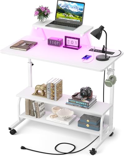 Height Adjustable Standing Desk with Power Outlets and LED Lights - 32" Manual Stand Up Desk with Monitor Stand and Storage Shelves Small Mobile Rolling Computer Desk Portable Laptop Table, White - color: White, size: 32''
