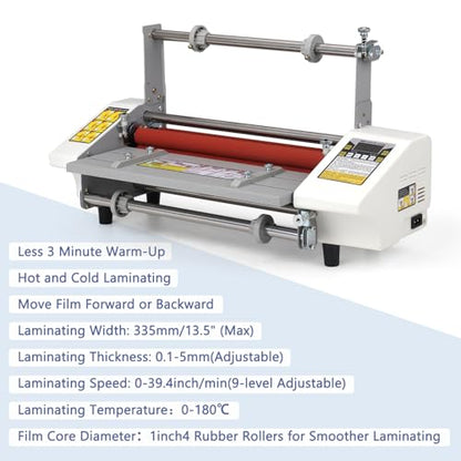 13.5" Laminator Machine High Speed Hot and Cold Roll Laminating Machine Single/Dual Sides with Digital Display for A3/A4 Paper Lamination, Speed Adjustable 3 Minute Warm-Up, 110V (Film not Included)
