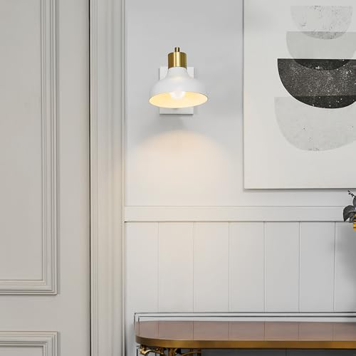 GLOBE Electric 51344 1-Light Plug-in or Hardwire Swing Arm Wall Sconce, White, Brass Accents, White-Cloth Cord, Mounted Bedside Lamp, Kitchen Sconces Wall-Lighting, Bulb Not Included (Pack of 2) - size: 5.75" (Pack of 2)