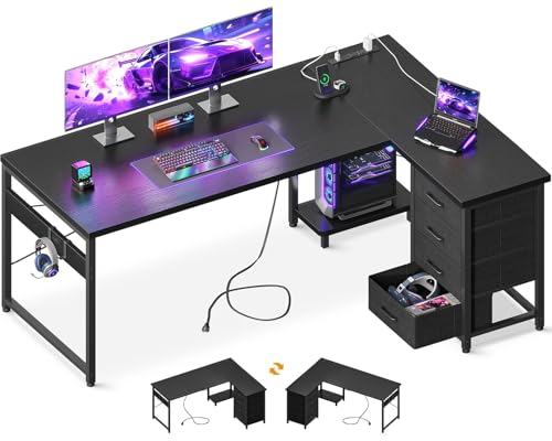 AODK 61" L Shaped Gaming Desk with 4 Drawers and Power Outlets, Black | USB Ports, PC Tower Stand, Hooks, Reversible Corner Layout for Gaming Rooms, Bedrooms and Home Office - color: Black, size: 61 Inch