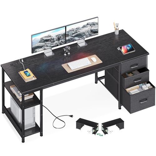 AODK 63 Inch Computer Desk with Drawers & USB Power Outlets - color: Black, size: 63 Inch