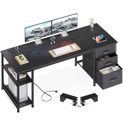AODK 63 Inch Computer Desk with Drawers & USB Power Outlets - color: Black, size: 63 Inch