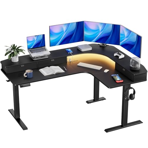 HUANUO 65″ L Shaped Standing Desk with 3 Drawers, Electric Height Adjustable Corner Computer Desk with Power Outlets & LED Strip, Sit Stand Up Desk for Home Office, Black - color: Black