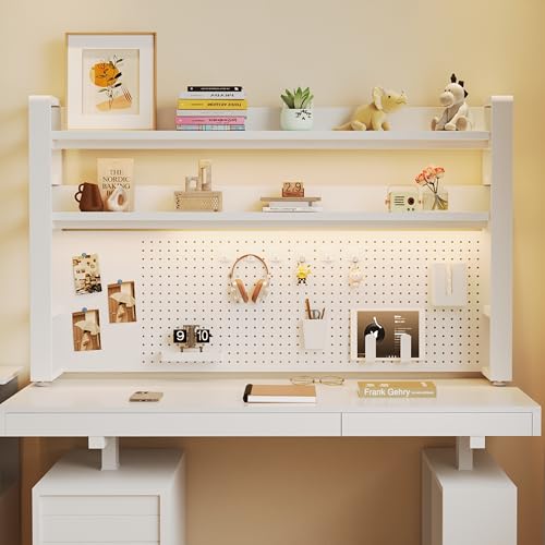 Desktop Hutch Bookshelf, 2-Tier Metal Desk Shelf for Top of Desk | Heavy Duty Countertop Organizer Rack with Peg Board & Accessories Space-Saving Storage for Dorm, Office & Home - color: Heavy-duty 2-tier White, size: 45.3"