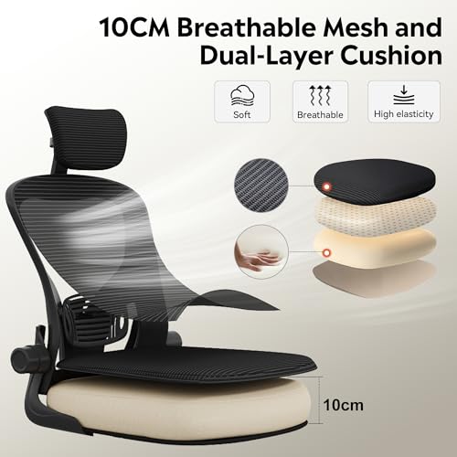 DEVAISE Office Chair High Back Mesh Ergonomic Desk Chair with Flip-up Armrests, Adjustable Headrest and Lumbar Support, Black