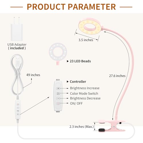 iZELL LED Desk Lamp with Clamp, Reading Light with 3 Color Modes & 10 Brightness Levels, Flexible Arm Book Light for Kids Reading in Bed at Night, Clip on Table, Computer, Zoom Meetings - 27.6'' Pink - size: 27.6'' Pink