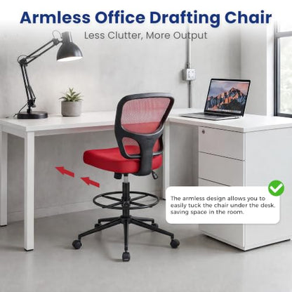 Armless Office Chair, Tall Ergonomic Chair for Standing Desk, Adjustable Height Mesh Computer Chair with Foot Ring & Wheels, Rolling Drafting Chair for Home Office - color: Red