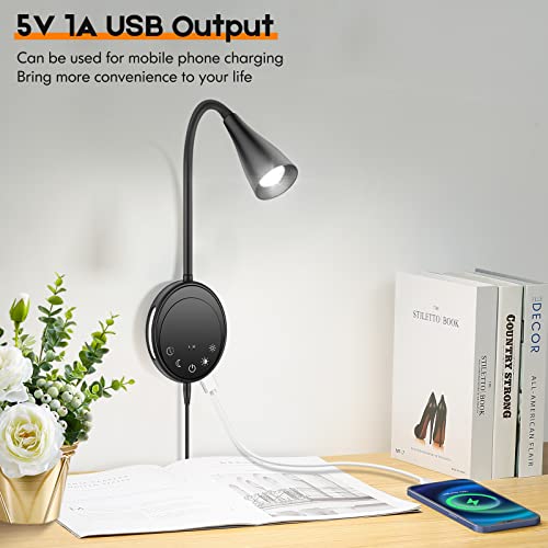 SANKEDOU Wall Mounted Reading Light, Bedside Headboard Lights with 5 Dimming & Color Temperature, USB Output, Night Light & Timers Function, Flexible Gooseneck 3000K-6000K Upgrade Bed Lamp (Black) - color: Black