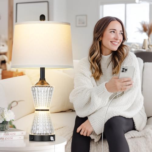 Modern Table Lamps for Living Room, 26" Tall Black Table Lamp with 2 Textured LED Night Light, 2 USB Charging Port & AC Outlet, Bedside Lamps for Bedroom Nightstands End Table Office, 2 Bulbs Included - color: Black-1