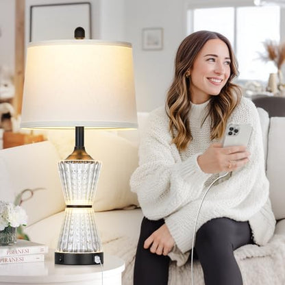 Modern Table Lamps for Living Room, 26" Tall Black Table Lamp with 2 Textured LED Night Light, 2 USB Charging Port & AC Outlet, Bedside Lamps for Bedroom Nightstands End Table Office, 2 Bulbs Included - color: Black-1