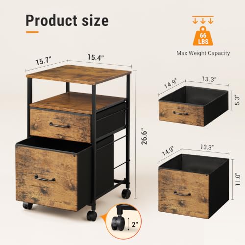 DEVAISE 2 Drawer Mobile File Cabinet, Fabric Vertical Filing Cabinet - color: Rustic Brown Wood Grain Print