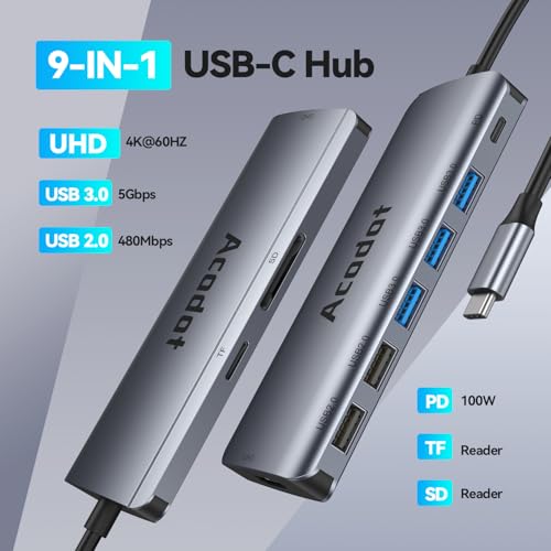 USB C Hub Docking Station, 9-in-1 Multi-Port USB Adapter, 4K@60Hz HDMI, 100W Max PD, 3 USB3.0(5Gbps) + 2 USB2.0 Data Ports, SD/TF Card Reader for MacBook, iPad Pro, Dell, HP, Lenovo, Windows Laptop - color: Grey