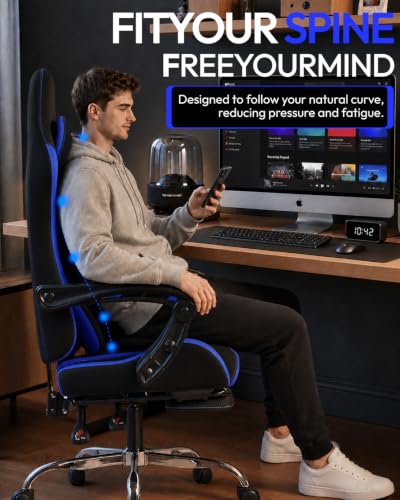 Dowinx Ergonomic Gaming Chair with Footrest & Massage Lumbar, 2D-Linkage Armrests for Computer Chair 330lbs with Headrest Pillow for Office, Home, Streaming and Long Gaming Sessions, Fabric Dark Blue - color: Dark Blue