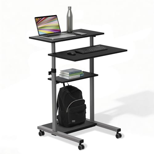 Mount-It! Rolling Desk Adjustable Height up to 54.7", Portable Standing Desk for Laptop or Podium Stand with Wheels, Mobile Roller Presentation Cart, Computer Work Station 27.5" Wide, Locking Wheels - color: Grey
