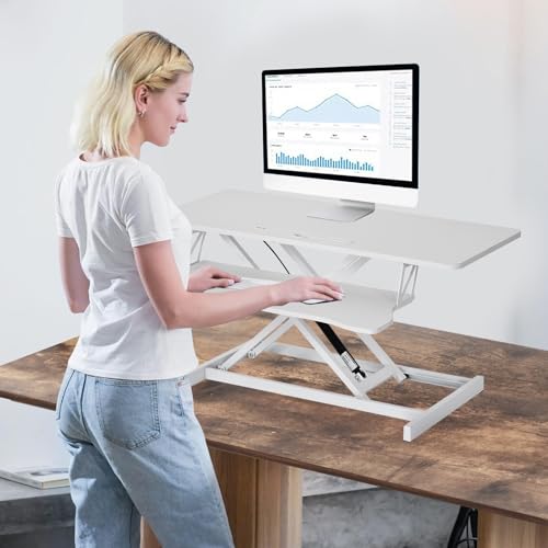 37 Inch Standing Desk Converter, Height Adjustable Desk Riser with Gas Spring Lift, Dual Monitor & Laptop Workstation, Sit Stand Desktop Converter with Wide Keyboard Tray for Home Office - color: White